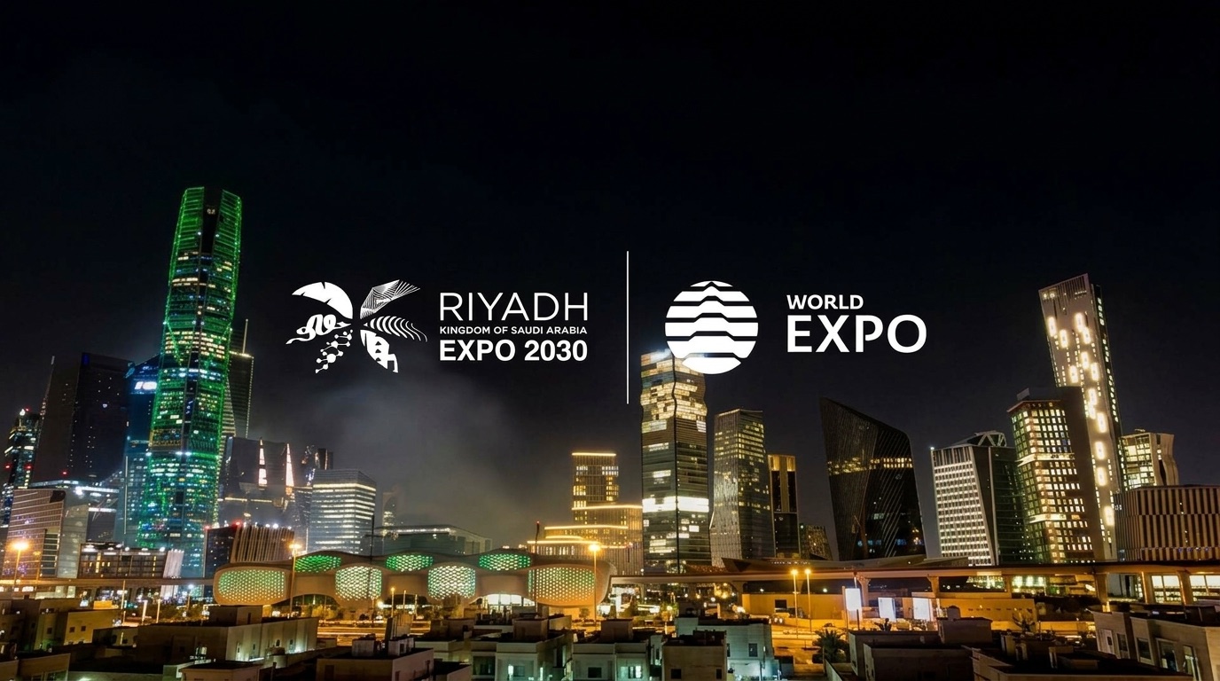 The Expo 2030 Riyadh emblem over the King Abdullah Financial District at night