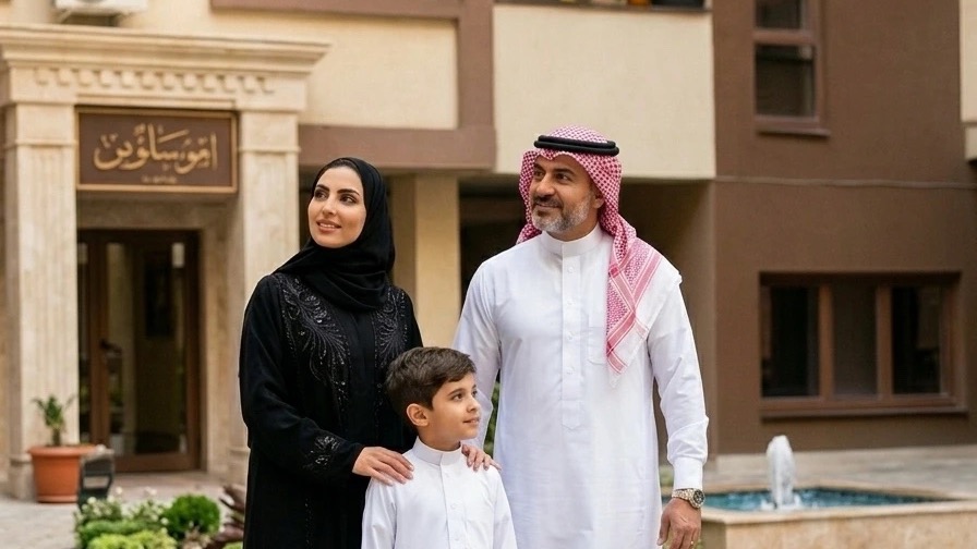 A Saudi family standing together in the courtyard of their residential building