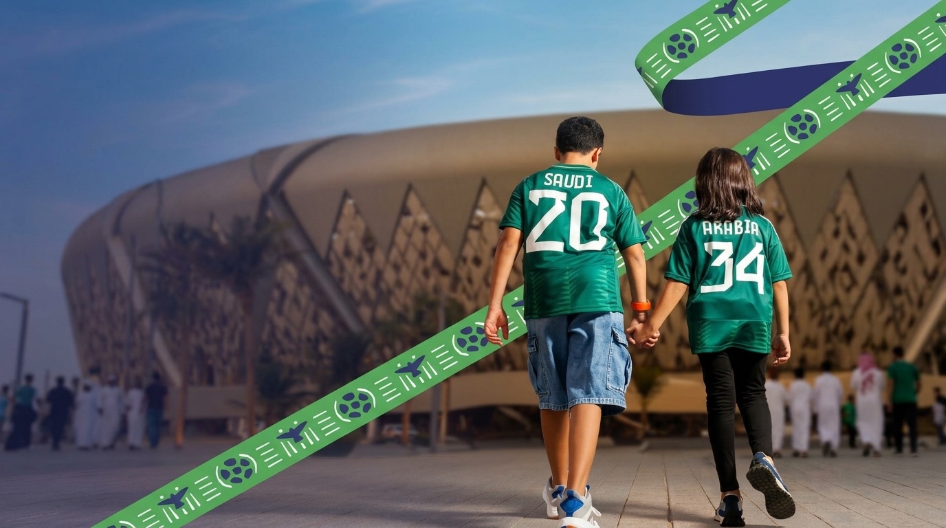 Two children in Saudi national team shirts walking towards a stadium in Riyadh
